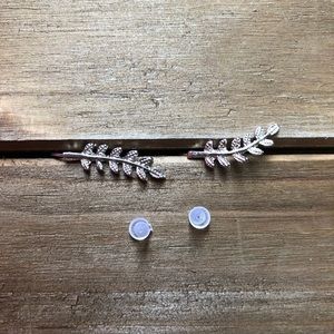 Silver Leaves/ Leaf Ear Climber Stud Earrings